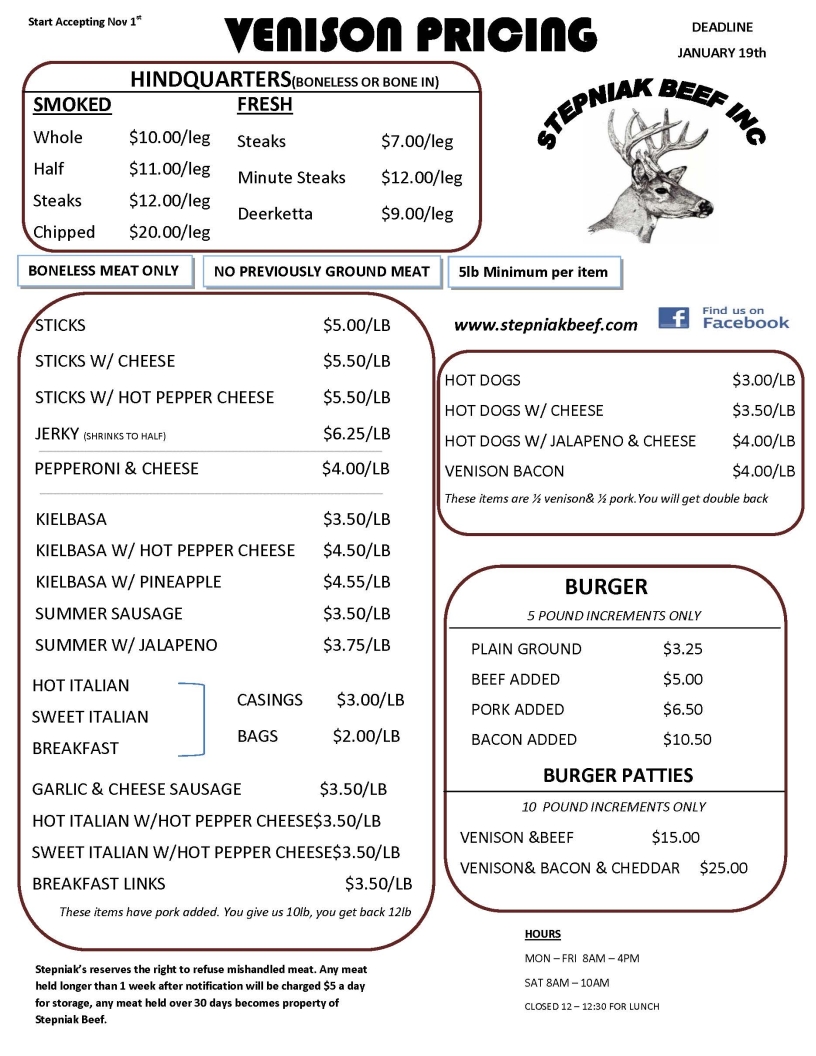 Stepniak Beef, Inc. Beef, Pork, Venison Butchering, Fresh Meats and Cheese for sale