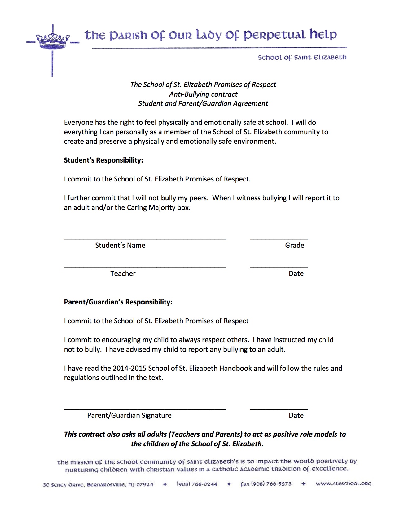 Promises of Respect Contract School Of Saint Elizabeth