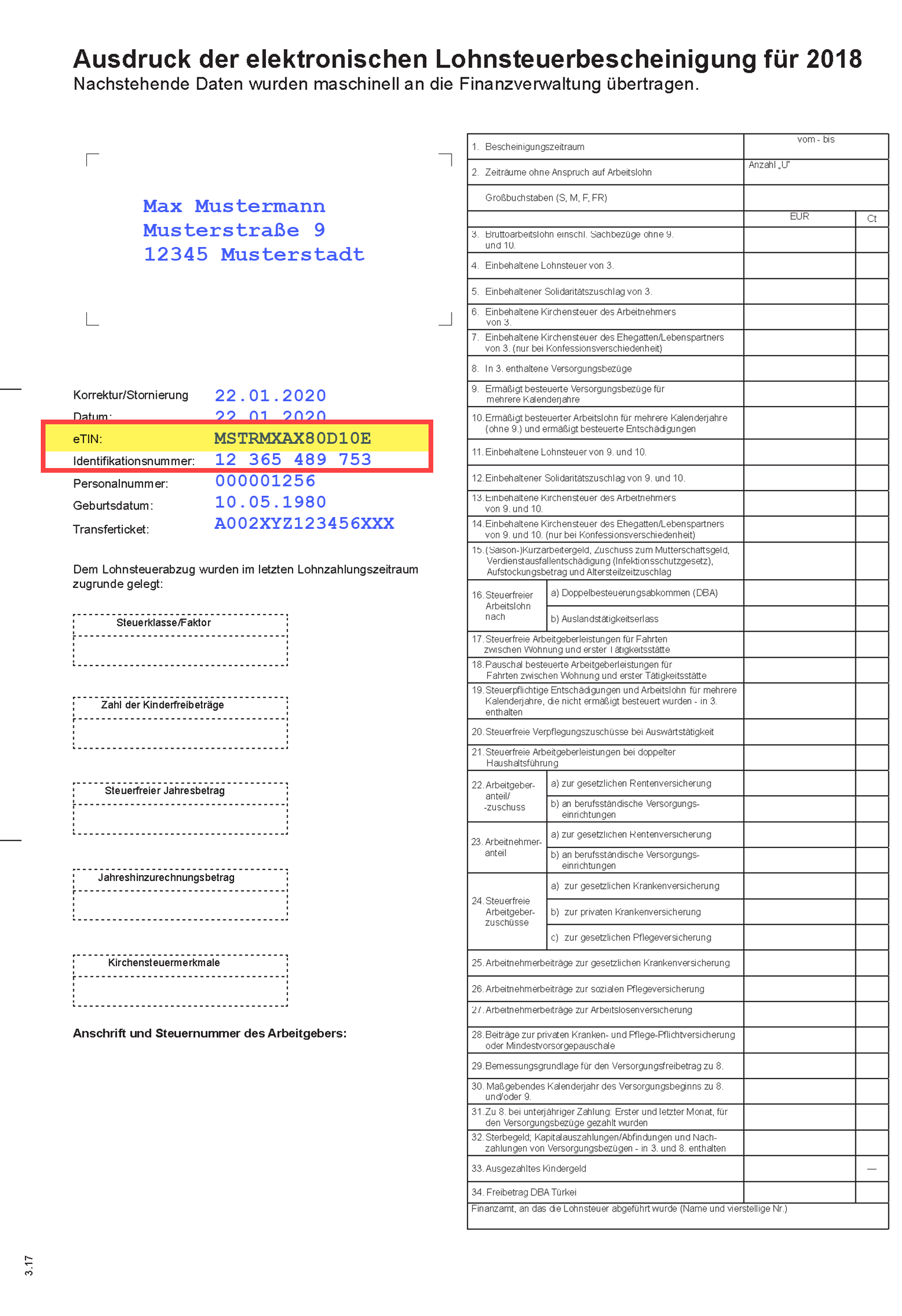 Steuererklärung (2019) Arbeitnehmer > Lohnsteuerbescheinigung > Bescheinigung