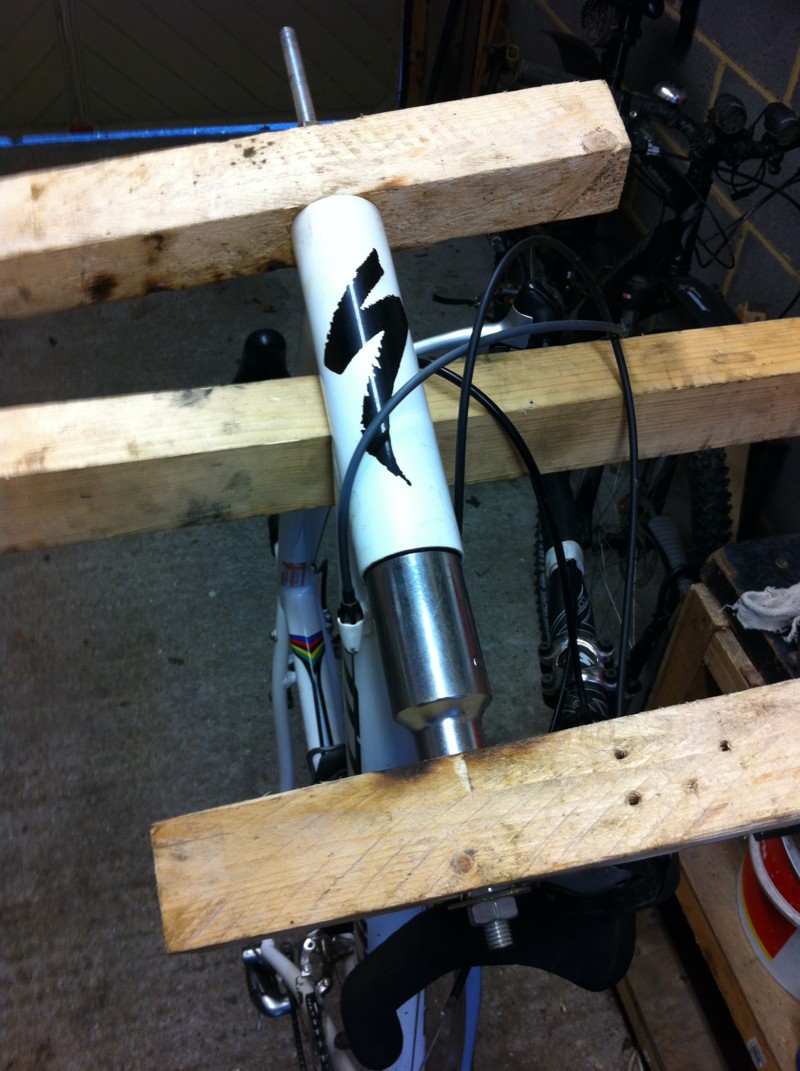 Specialized Allez Headset bearings being pressed into head tube.