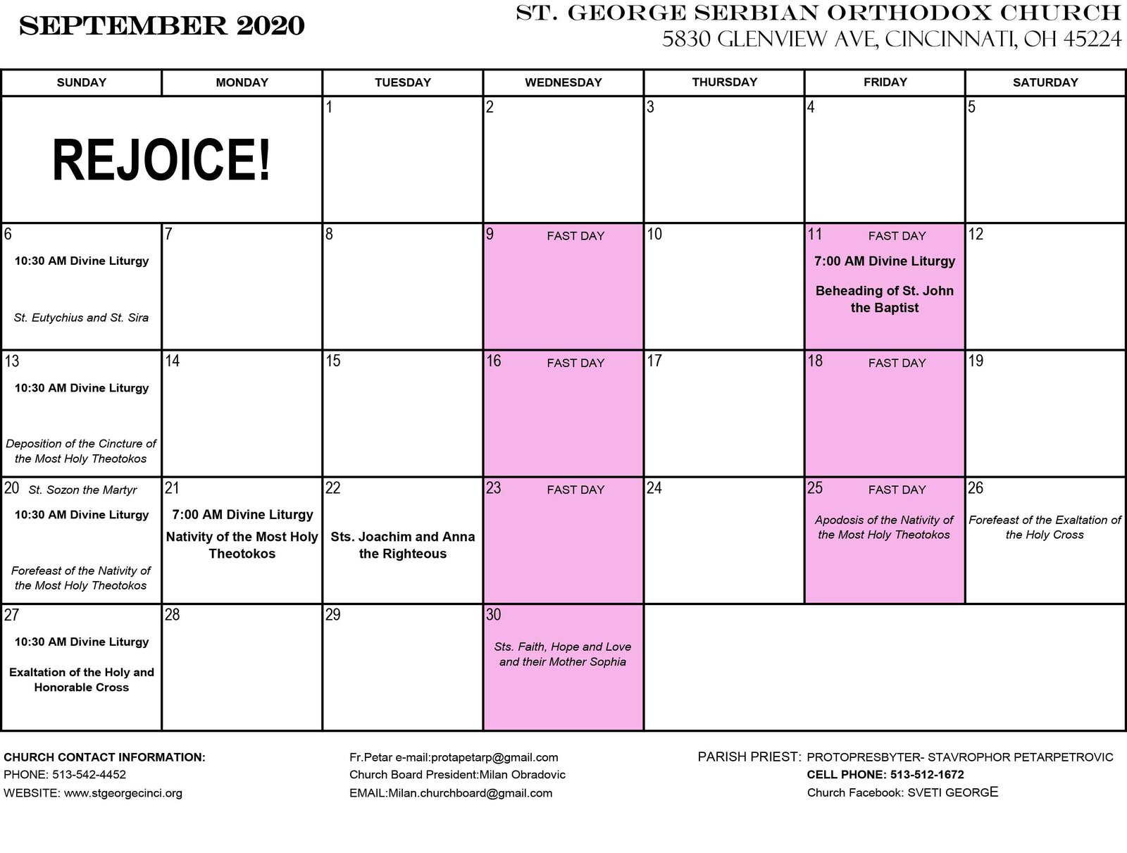 Serbian Orthodox Calendar 2024 CHURCH CALENDAR SEPTEMBER 2020 St. Serbian Orthodox Church