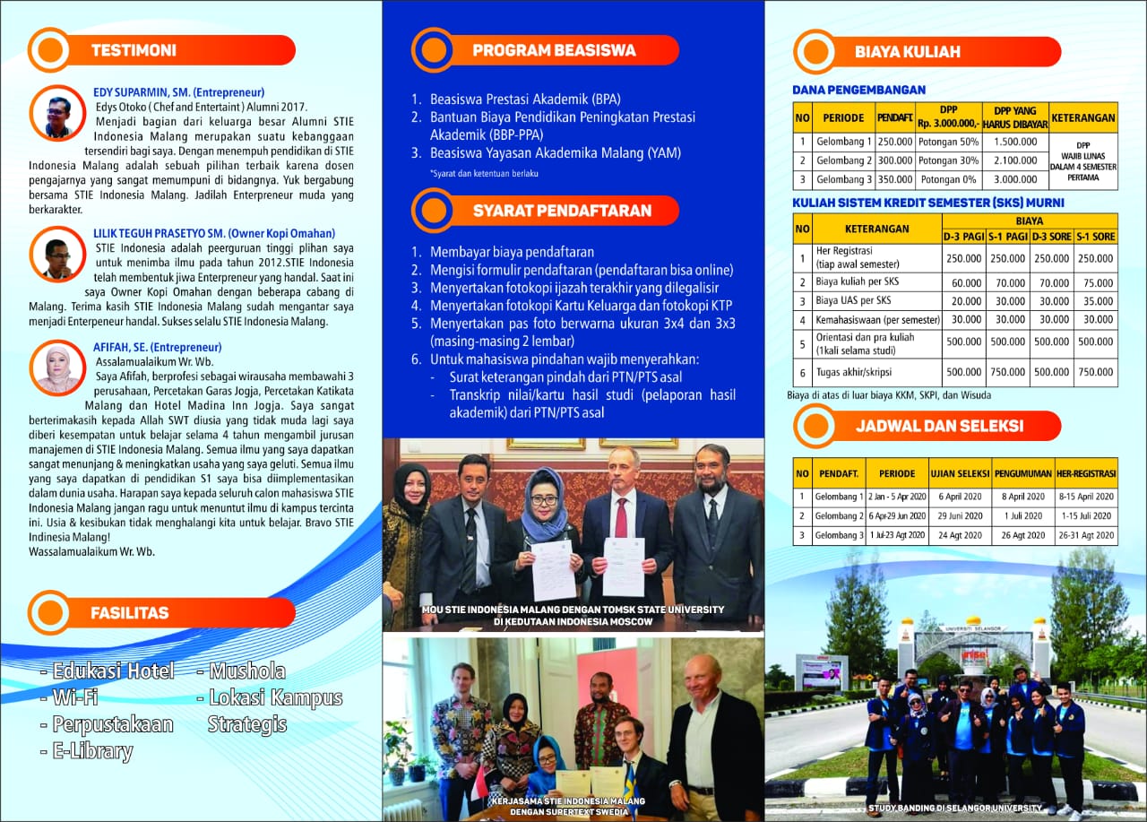 Stia malang adalah salah satu kampus ternama di kota malang, tidak diragukan lagi kelulusan stia malang (banyak alumni yang sukses). Brosur Penerimaan Mahasiswa Baru 2020 2021