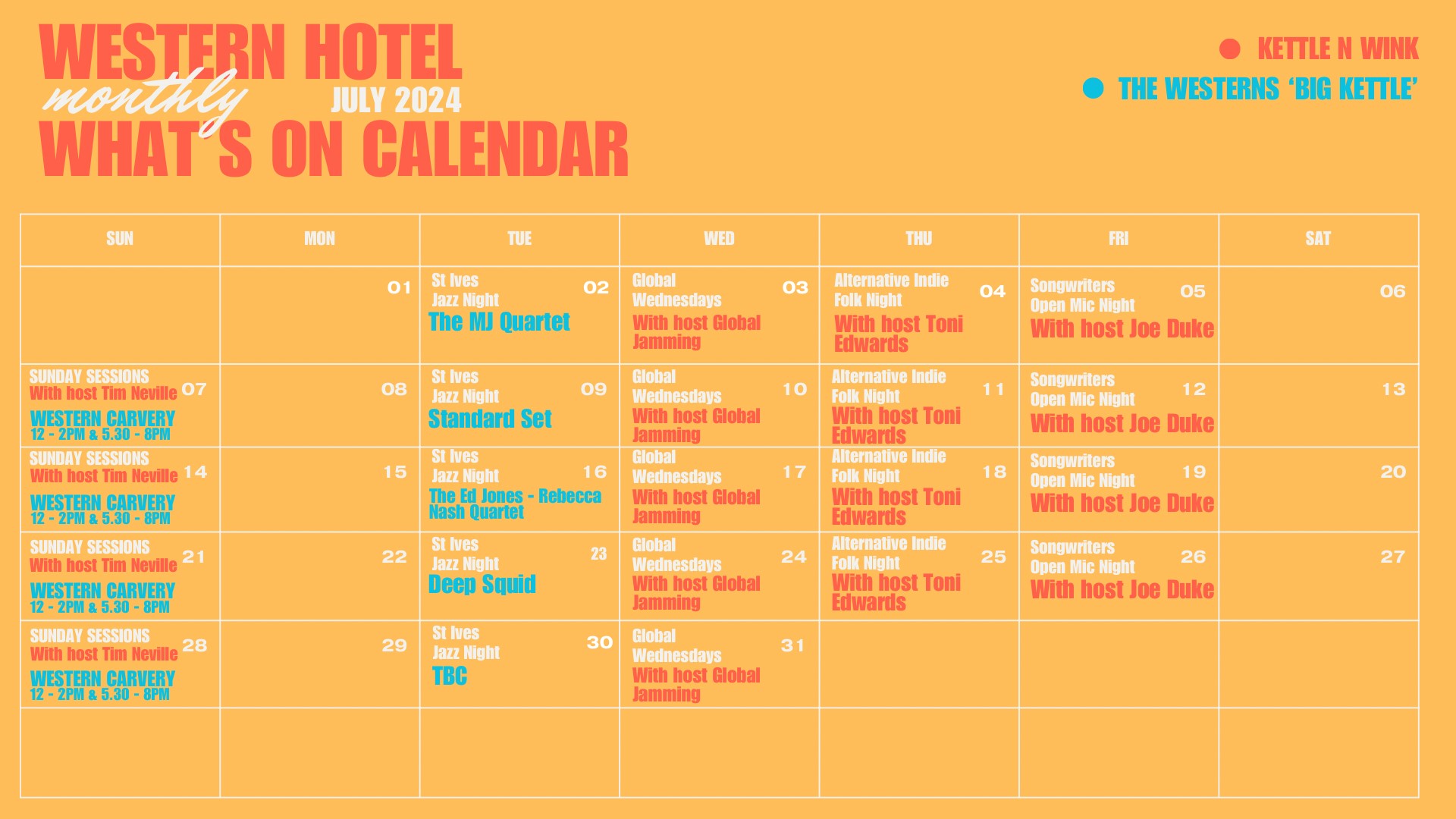 Kettle n Wink Live Music Calendar July St Ives Cornwall