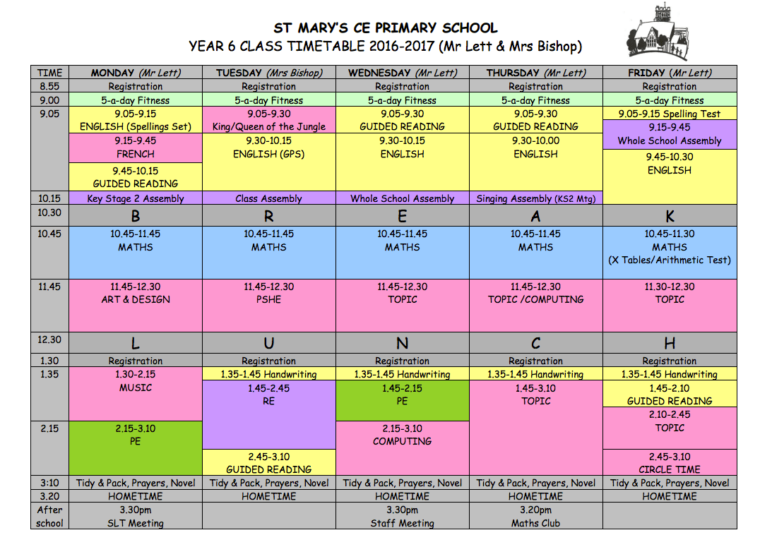 Y6 Class Timetable image St. Mary's Church of England Primary School, Putney