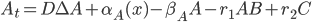 A_t = D \Delta A + \alpha_A(x) - \beta_A A - r_1 A B + r_2 C
