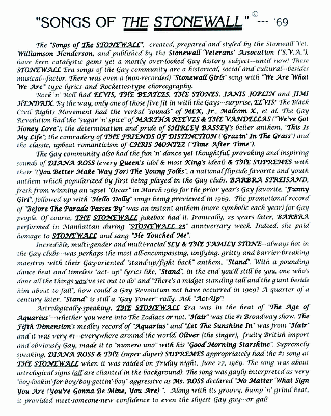 "Songs of The Original STONEWALL Club Jukebox" * 1966 to 1969 * Pages 3 and 4 * composed by