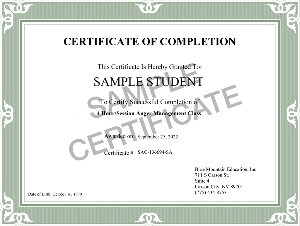 Anger Management Certificate of Completion