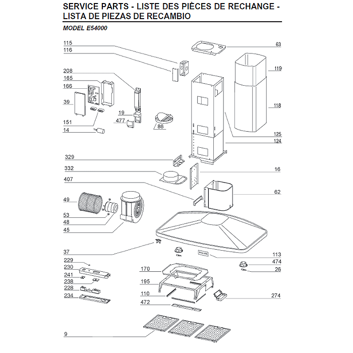 Broan E5490SS Island Kitchen Range Hood Parts