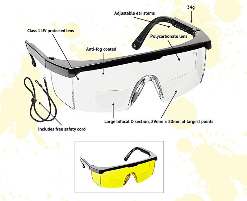 voltX CLASSIC Bifocal Reading Safety Glasses (Clear & Yellow) + Cord UV