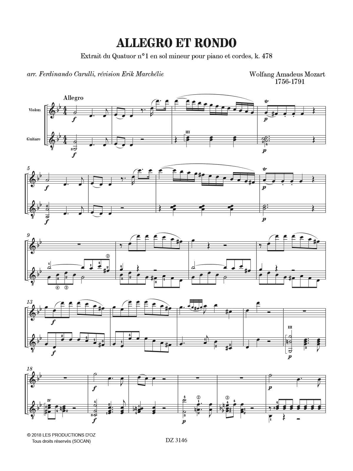 Mozart Allegro et Rondo for guitar & violin