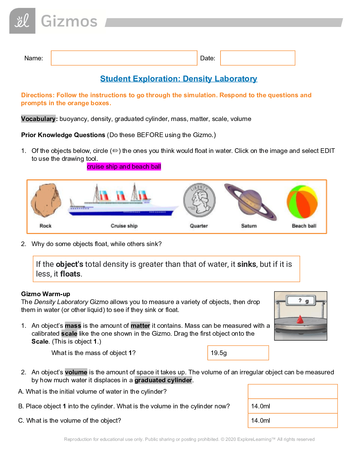 Density Laboratory Student Exploration