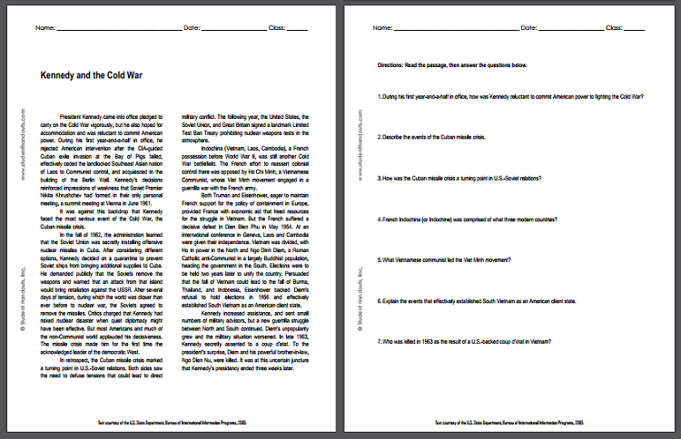 Kennedy and the Cold War Reading with Questions Student