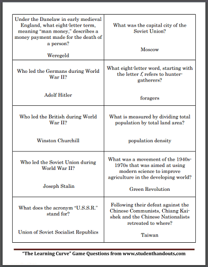 Social Studies Board Game Question Cards | Student Handouts