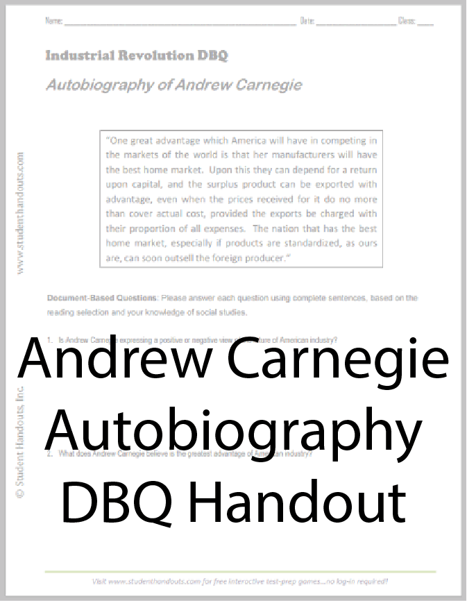 Autobiography of Andrew Carnegie DBQ Worksheet Student Handouts
