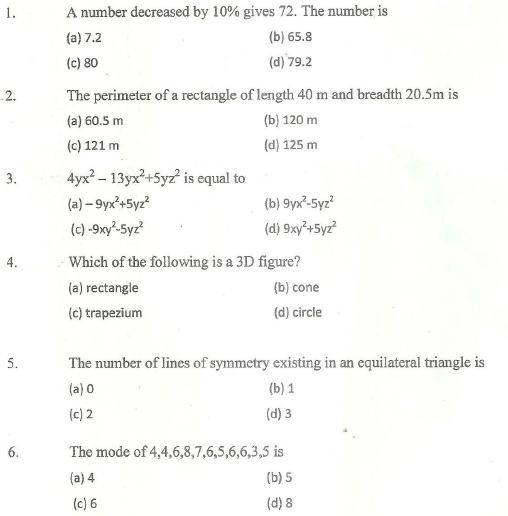 CBSE Class 7 Mathematics MCQs (2), Multiple Choice Questions for