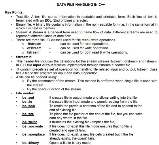 CBSE Class 12 Computer Science Data File Handling In C++ Notes