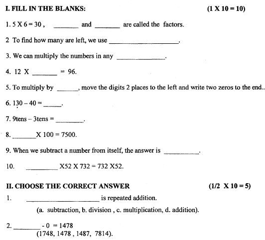 CBSE Class 3 Mathematics Question Paper Set I
