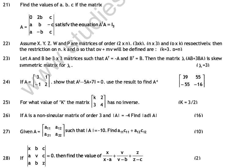 CBSE Class 12 Mathematics HOTs Matrices and Determinants
