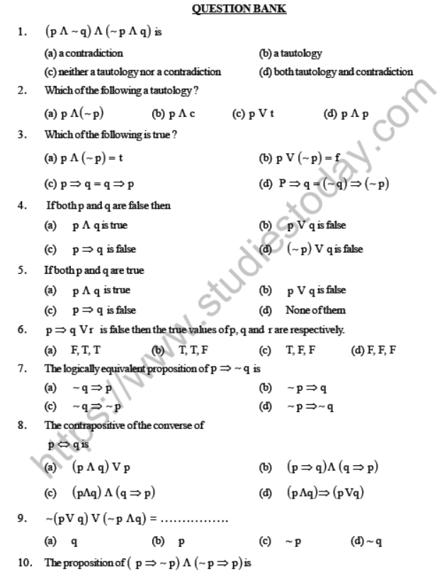 JEE Mathematics Mathematical Reasoning MCQs, Multiple Choice Questions