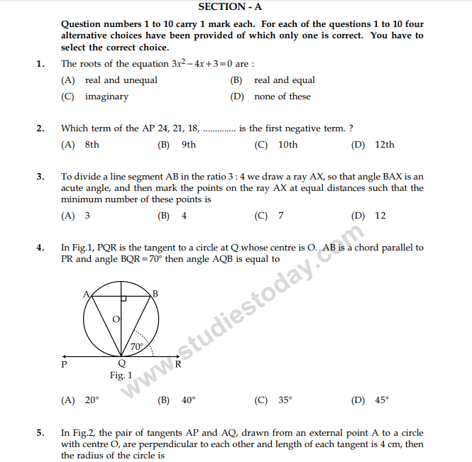 Previous Year Maths Question Paper for CBSE Class 10