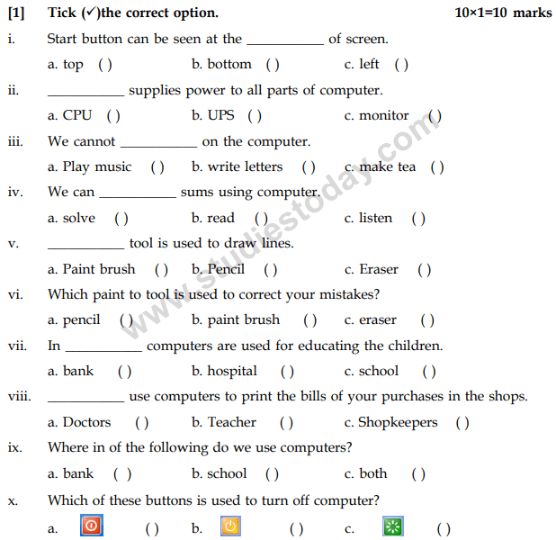 CBSE Class 1 Computers Sample Paper Set C