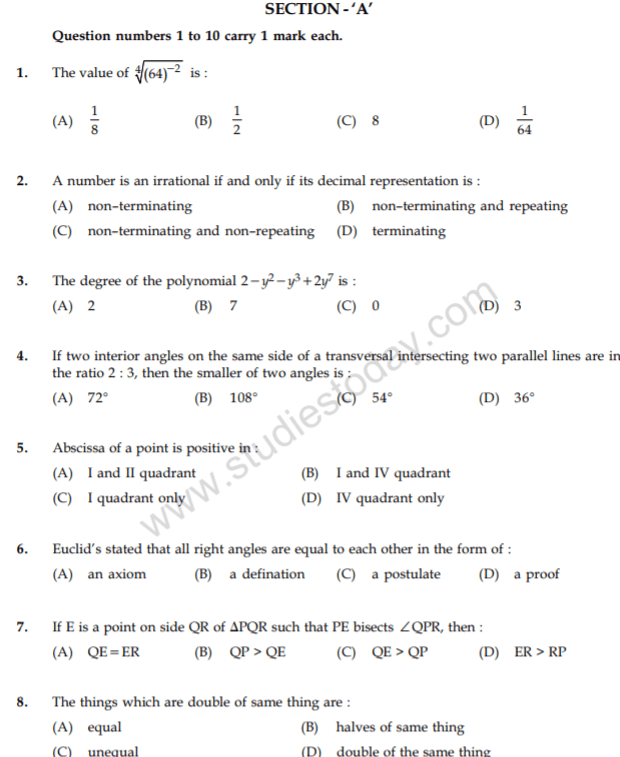 CBSE Class 9 Mathematics Practice Question Paper Set T