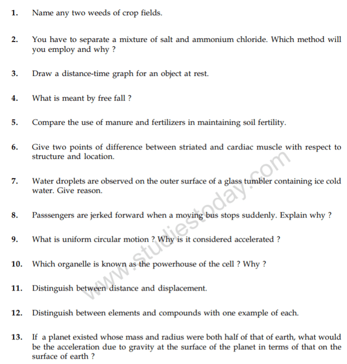 CBSE Class 9 Science Revision Question Paper Set 6