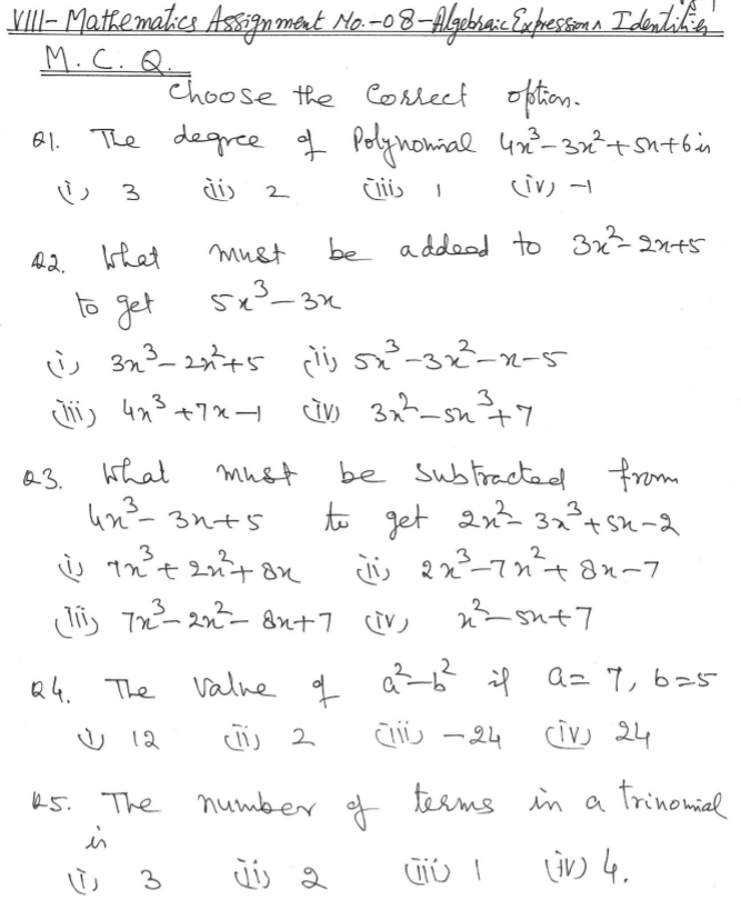 CBSE Class 8 Mathematics Algebraic Expressions and Identities MCQs Set