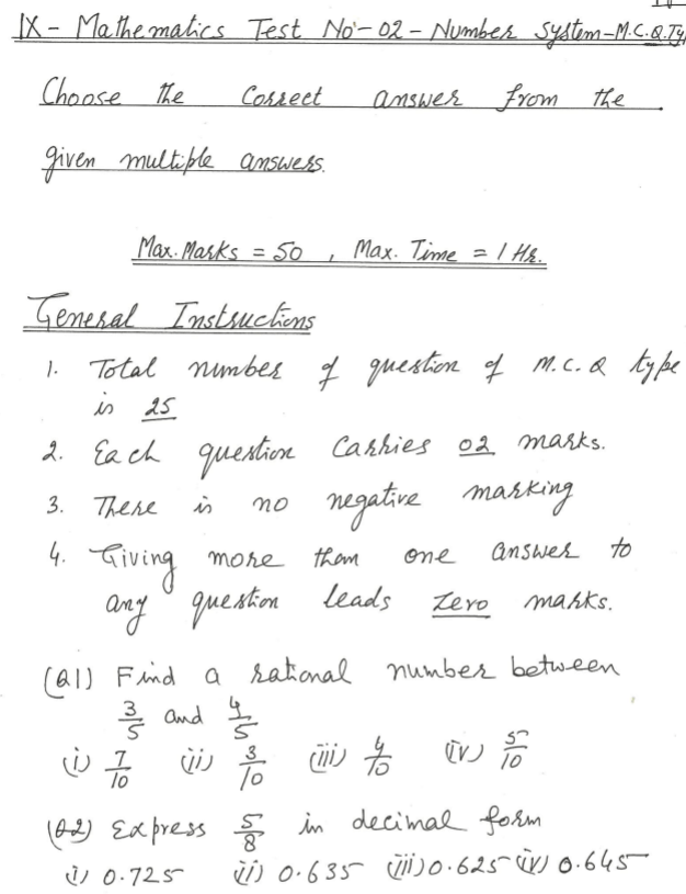 CBSE Class 9 Maths Number Systems MCQs Set F, Multiple Choice Questions