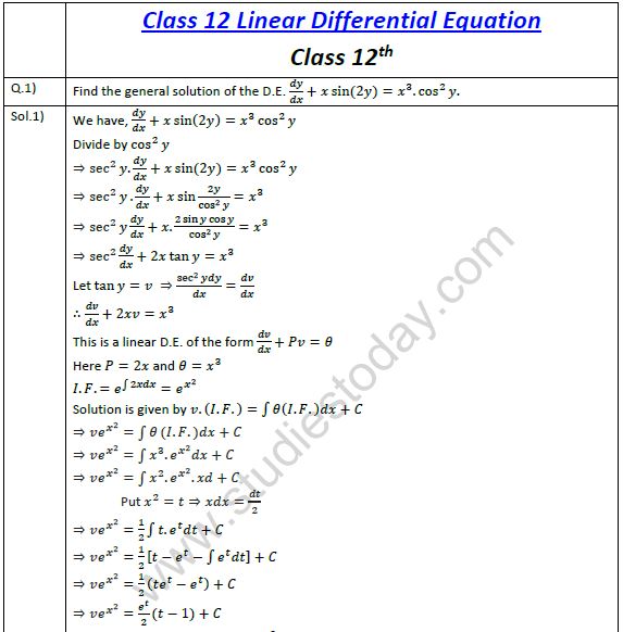 CBSE Class 12 Mathematics Linear Differential Equations Worksheet Set B