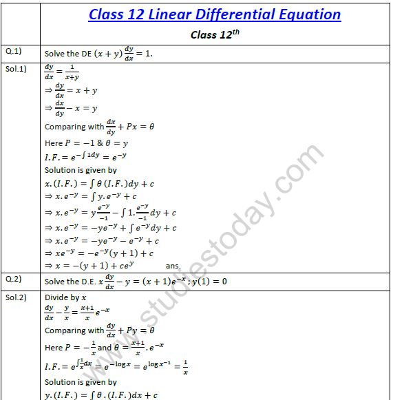 CBSE Class 12 Mathematics Linear Differential Equations (3) Practice Worksheet for Differentials