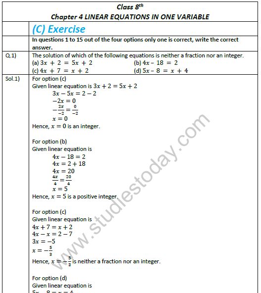 NCERT Exemplar Solutions Class 8 Maths Linear Equations