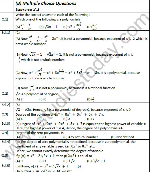 NCERT Exemplar Solutions Class 9 Maths Polynomials