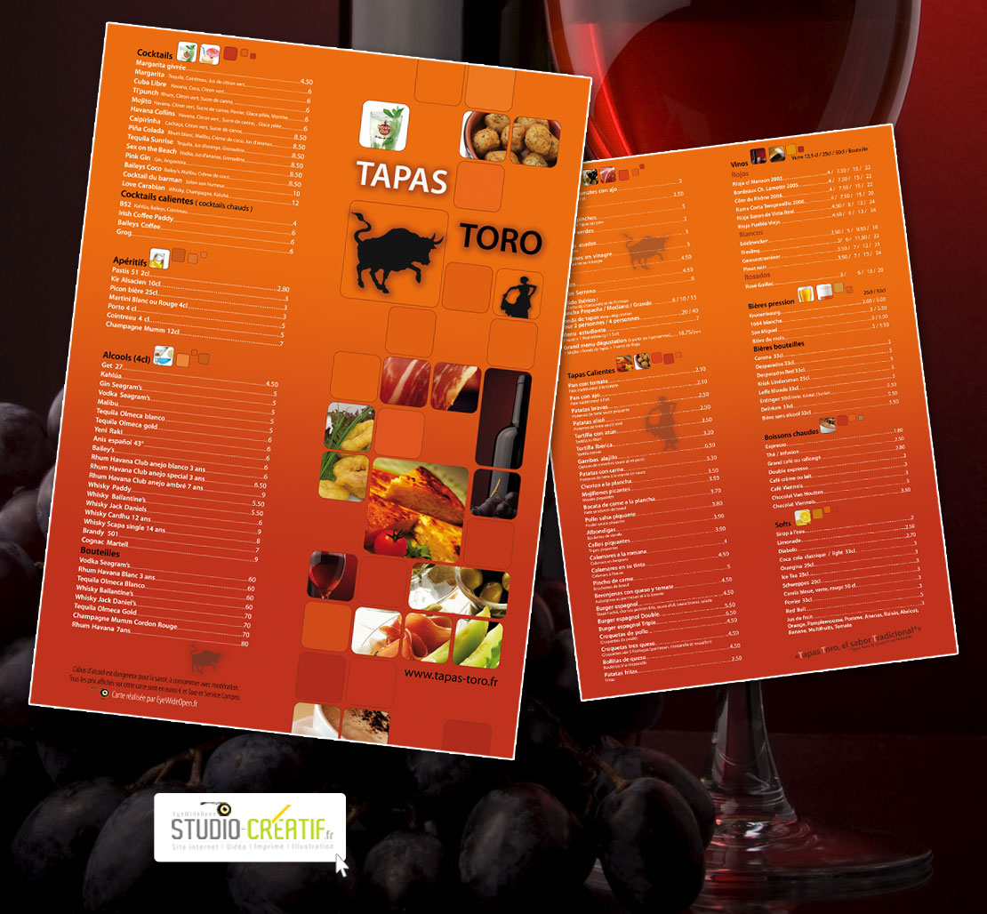 Création Imprimés Menu Restaurant Tapas Toro Studio Créatif
