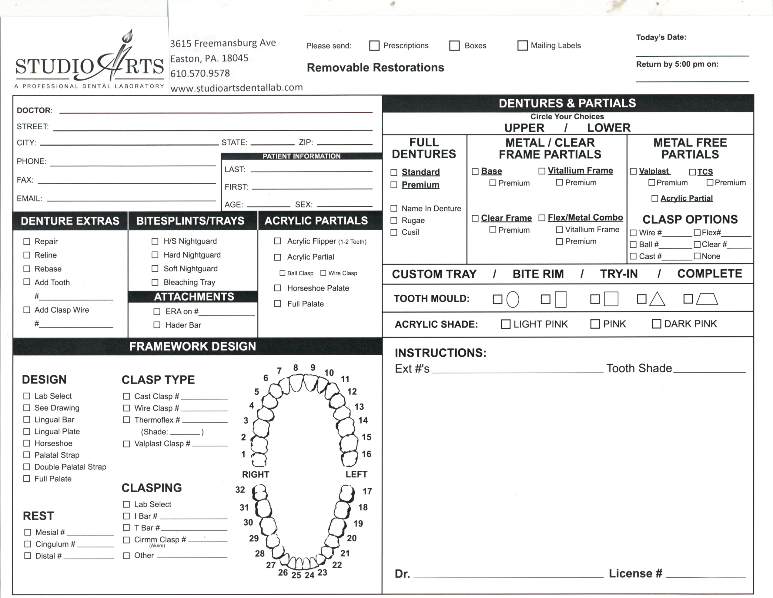 Studio Arts Dental Lab Frequent Forms