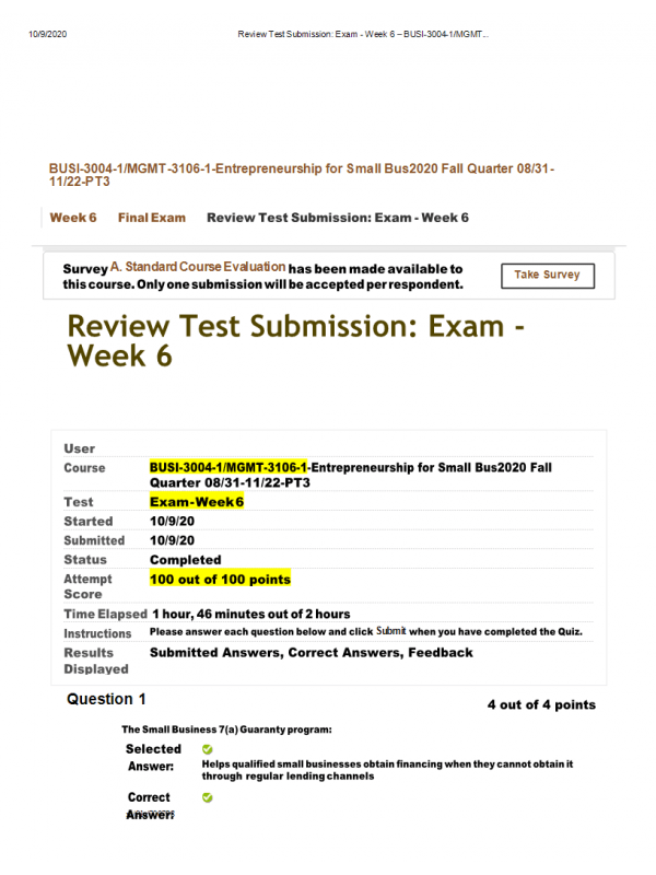 BUSI 30041, MGMT31061Entrepreneurship for Small Bus, Exam Week 6