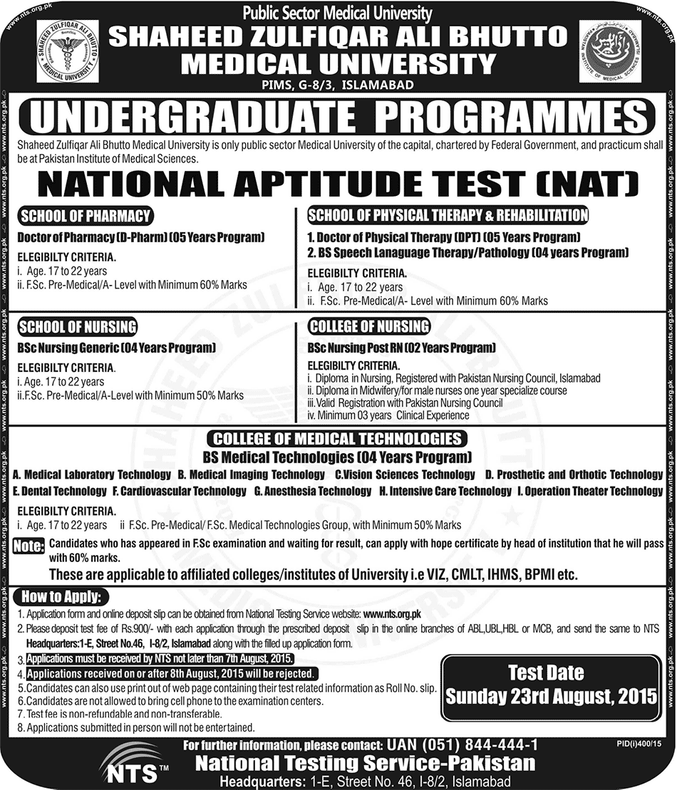 Shaheed Zulfiqar Ali Bhutto Medical University Undergraduate Admissions