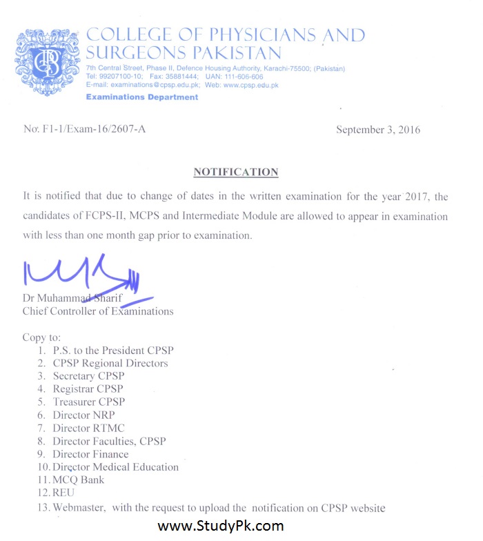 Exam Schedule 2024 Cpsp CPSP Revised Schedule of Examination 2017 StudyPK