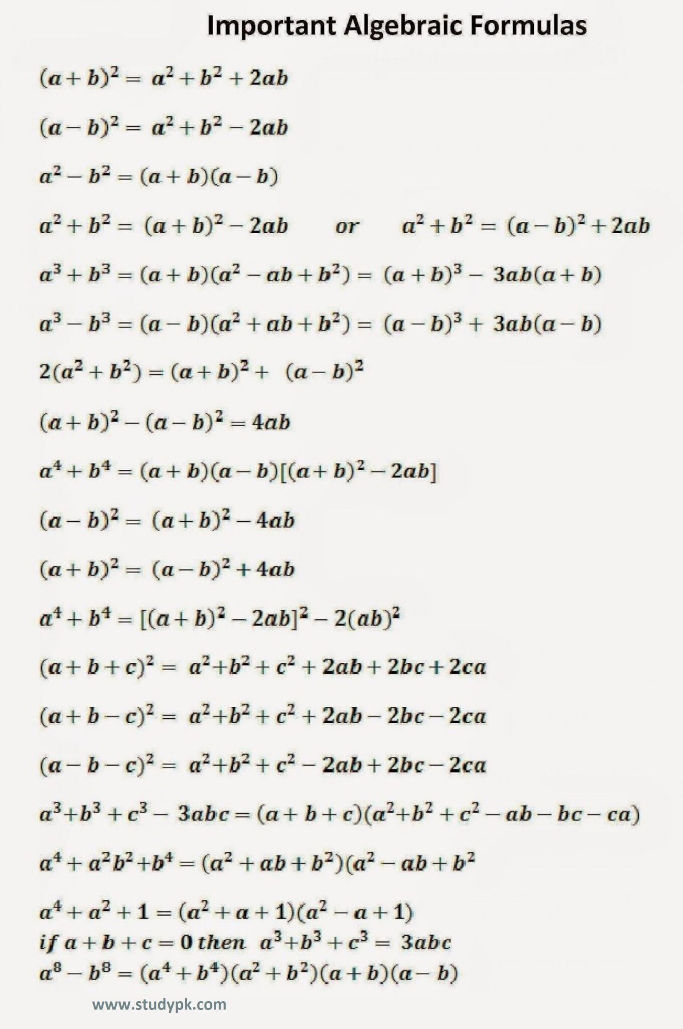 Important Algebraic Formula Definition and Examples StudyPK