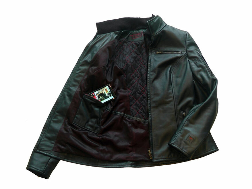 This heated leather jacket charges your phone while adding a fun new