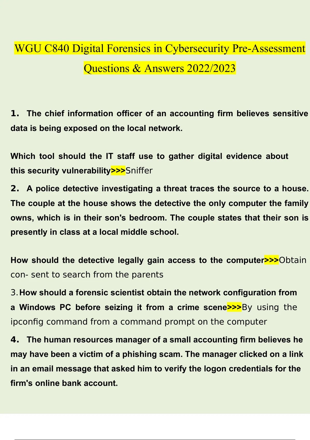 WGU C840 Digital Forensics in Cybersecurity PreAssessment Questions