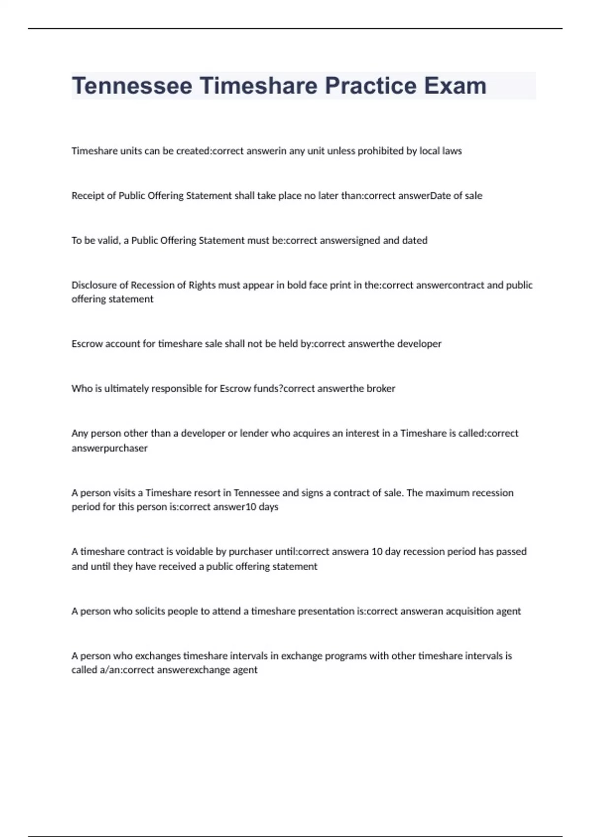Tennessee Timeshare Practice Exam with 100 correct answers Tennessee