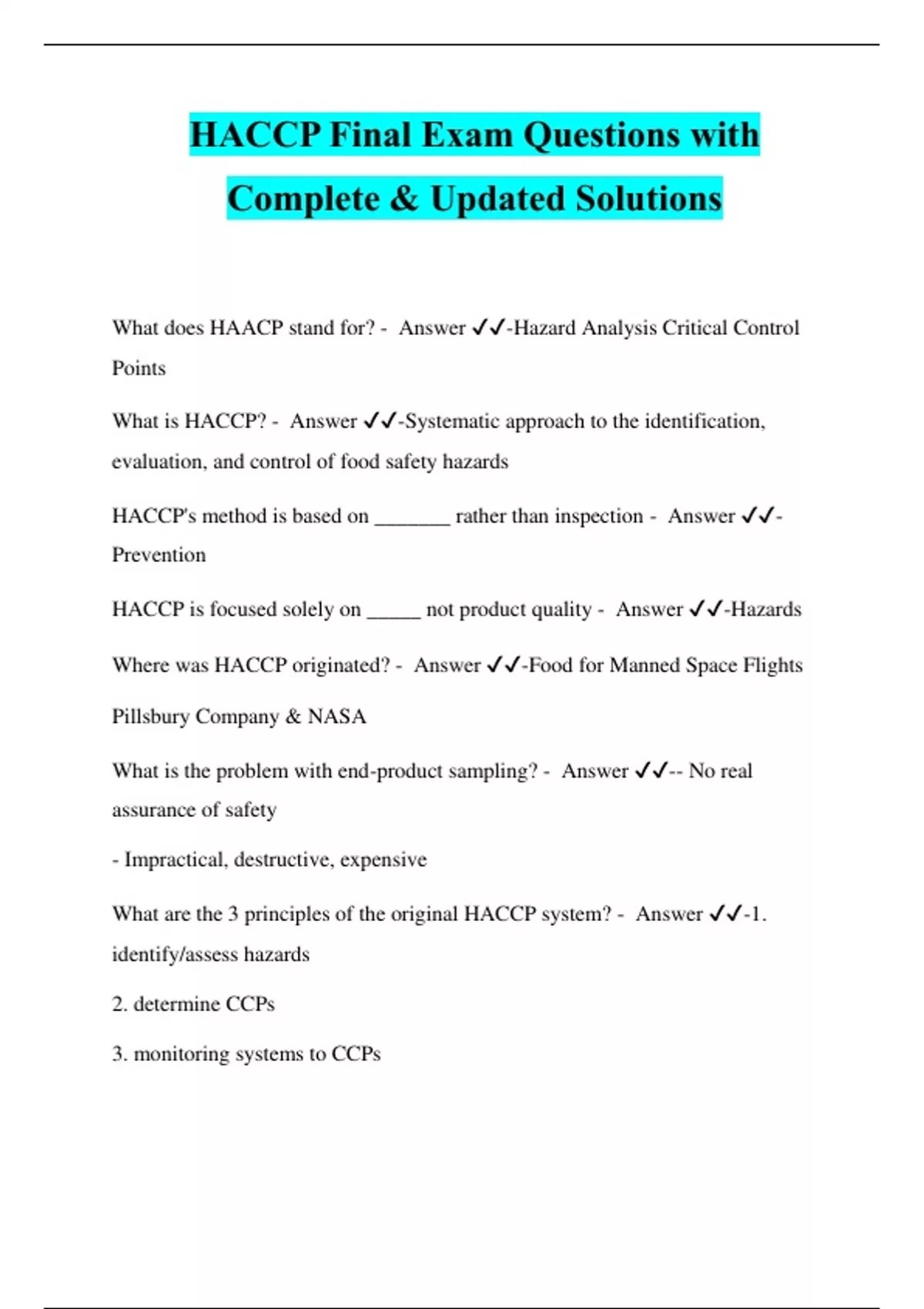 HACCP Final Exam Questions with Complete & Updated Solutions HACCP