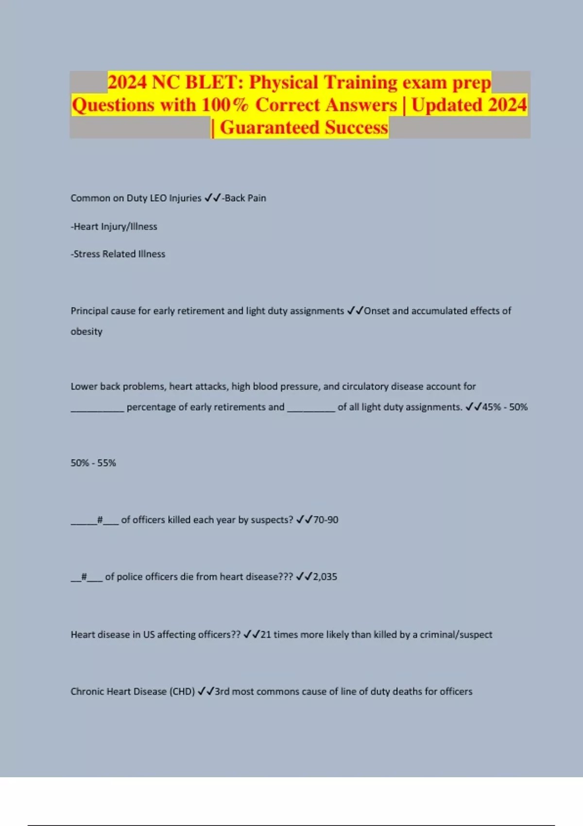 2024 NC BLET Physical Training exam prep Questions with 100 Correct Answers Updated 2024