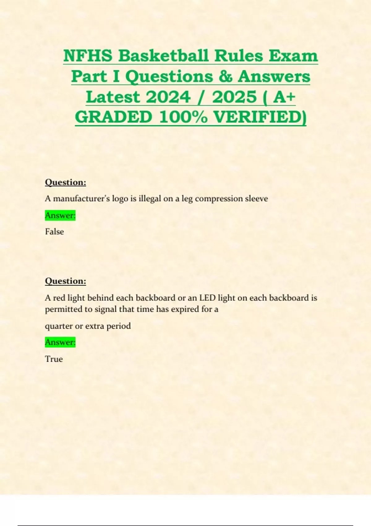 NFHS Basketball Rules Exam Part I Questions & Answers Latest 2024 / 2025 ( A+ GRADED 100