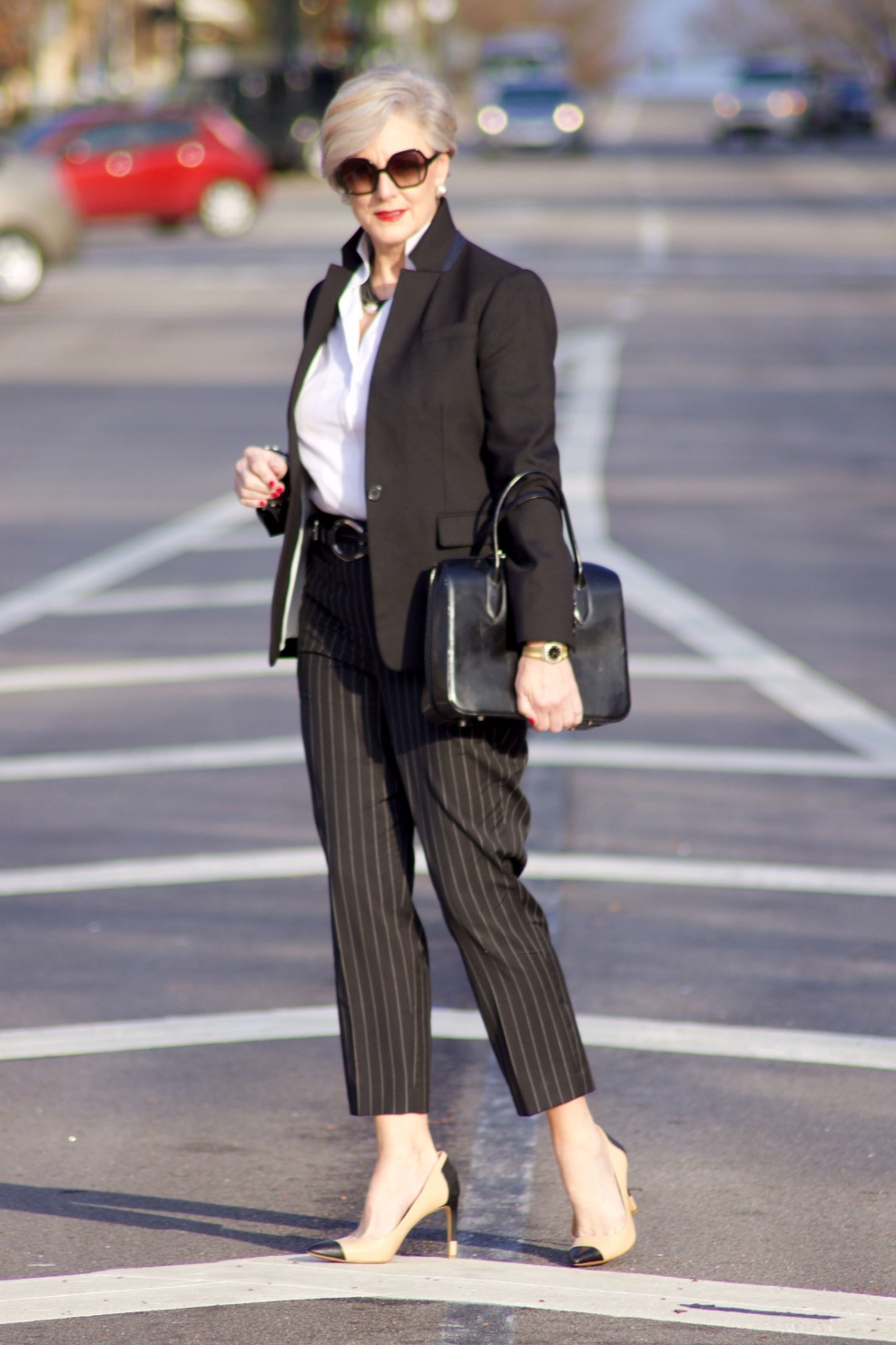 white pinstripe pants outfit