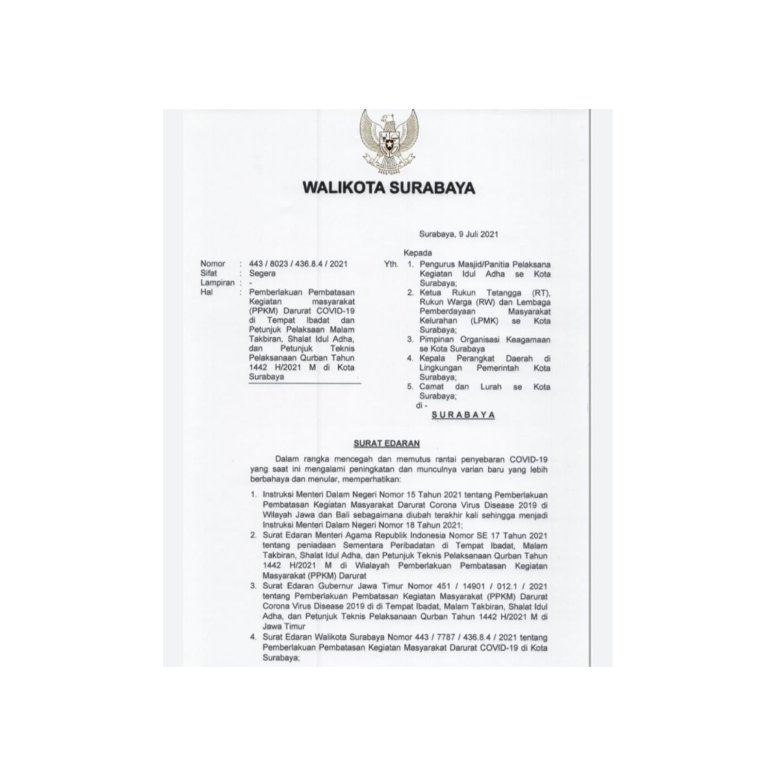 Surat Edaran Hari Raya Idul Adha di Surabaya, Pemotongan Kurban Diatur Tiga  Hari - Suara Surabaya