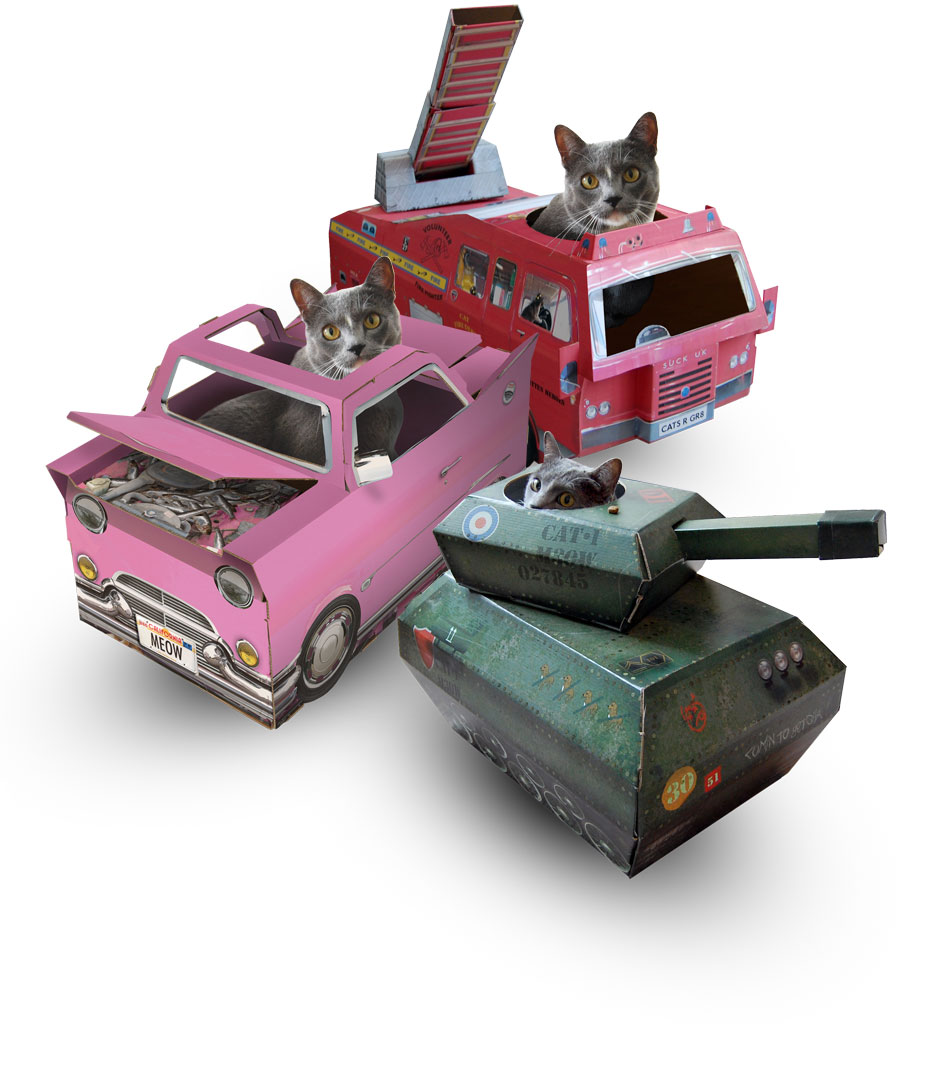 Cat Toys Irresistible cardboard toy vehcles for cats.