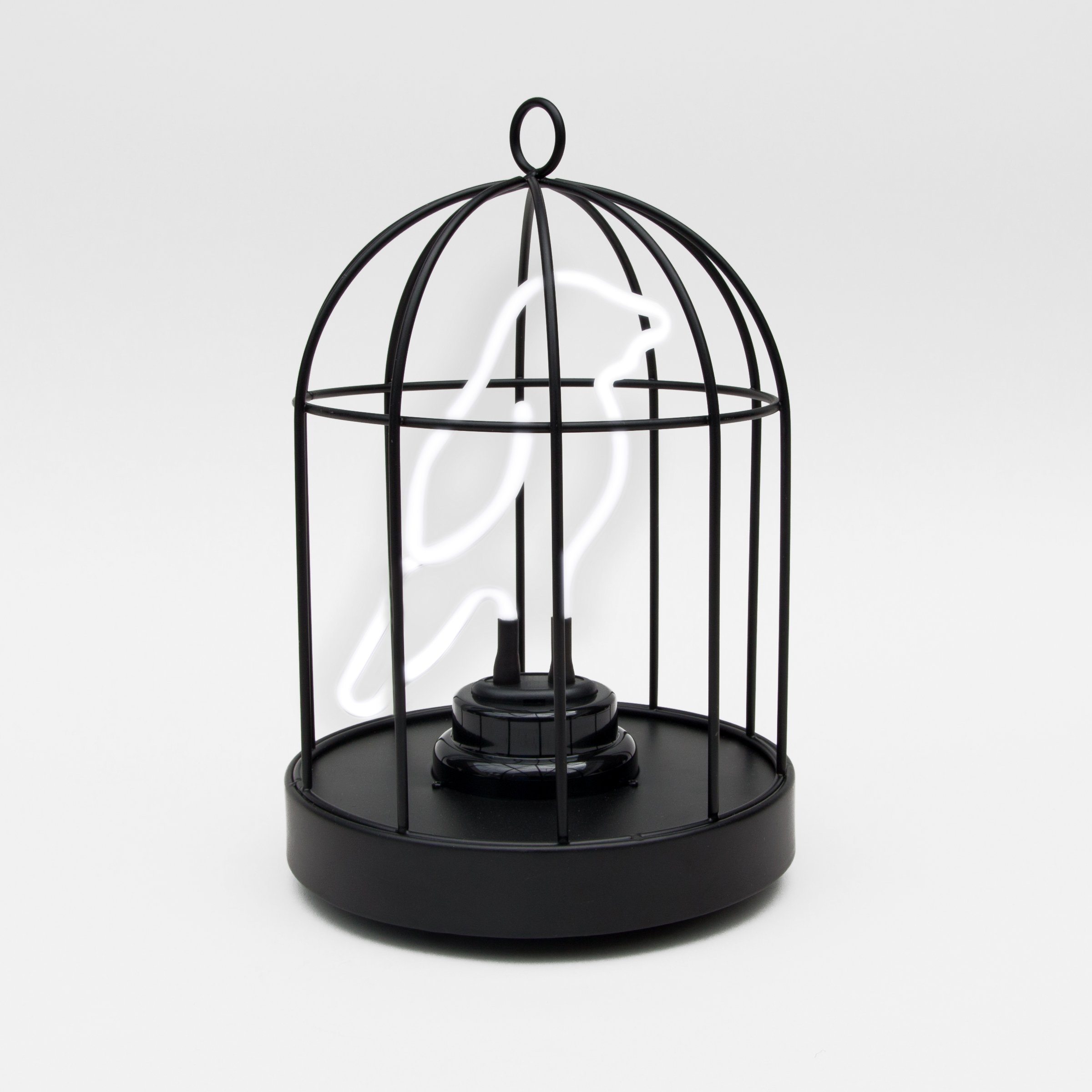 Neon Bird in a Cage A bird shaped neon light in a metal cage.