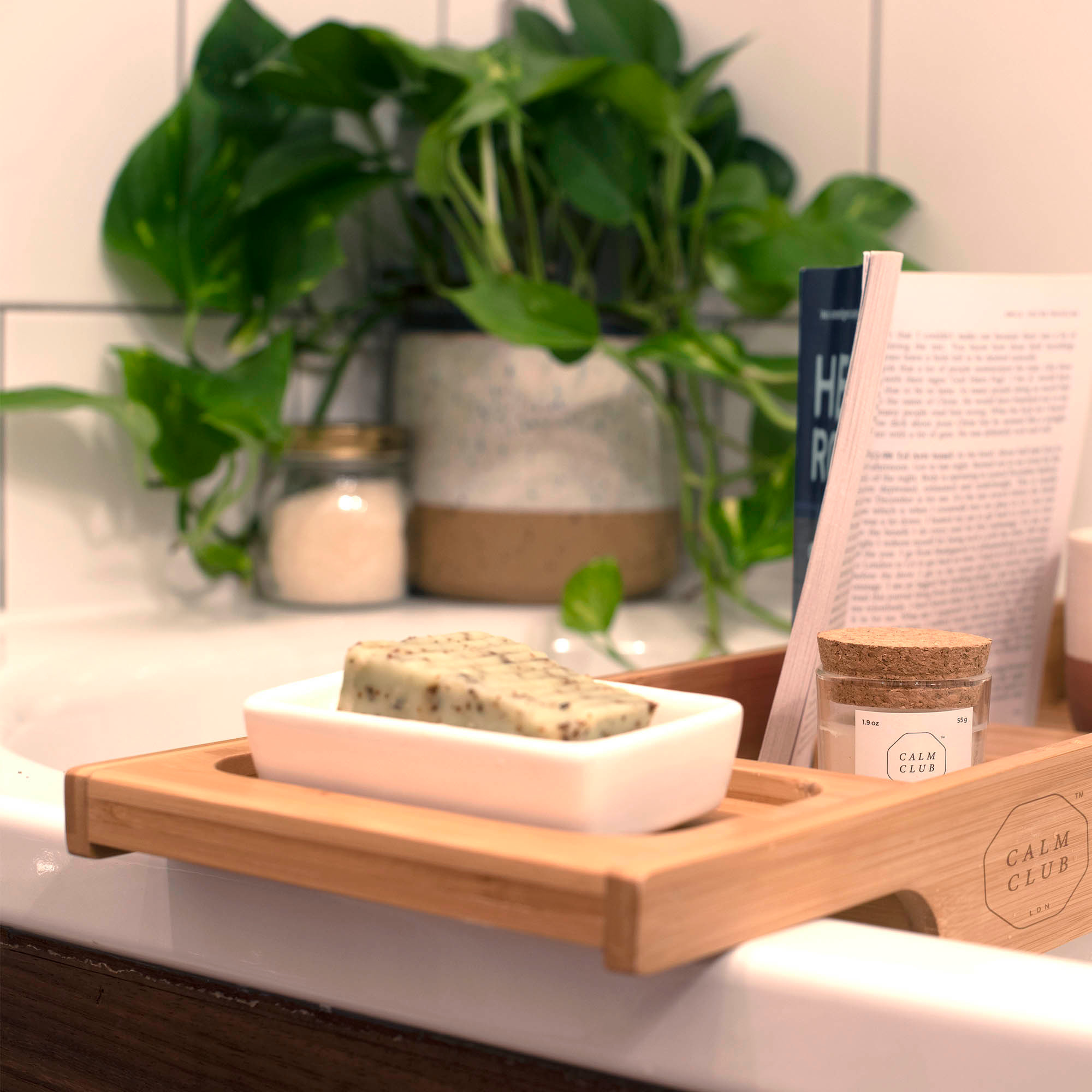 Bath Board Calm Club Wooden bath caddy set.